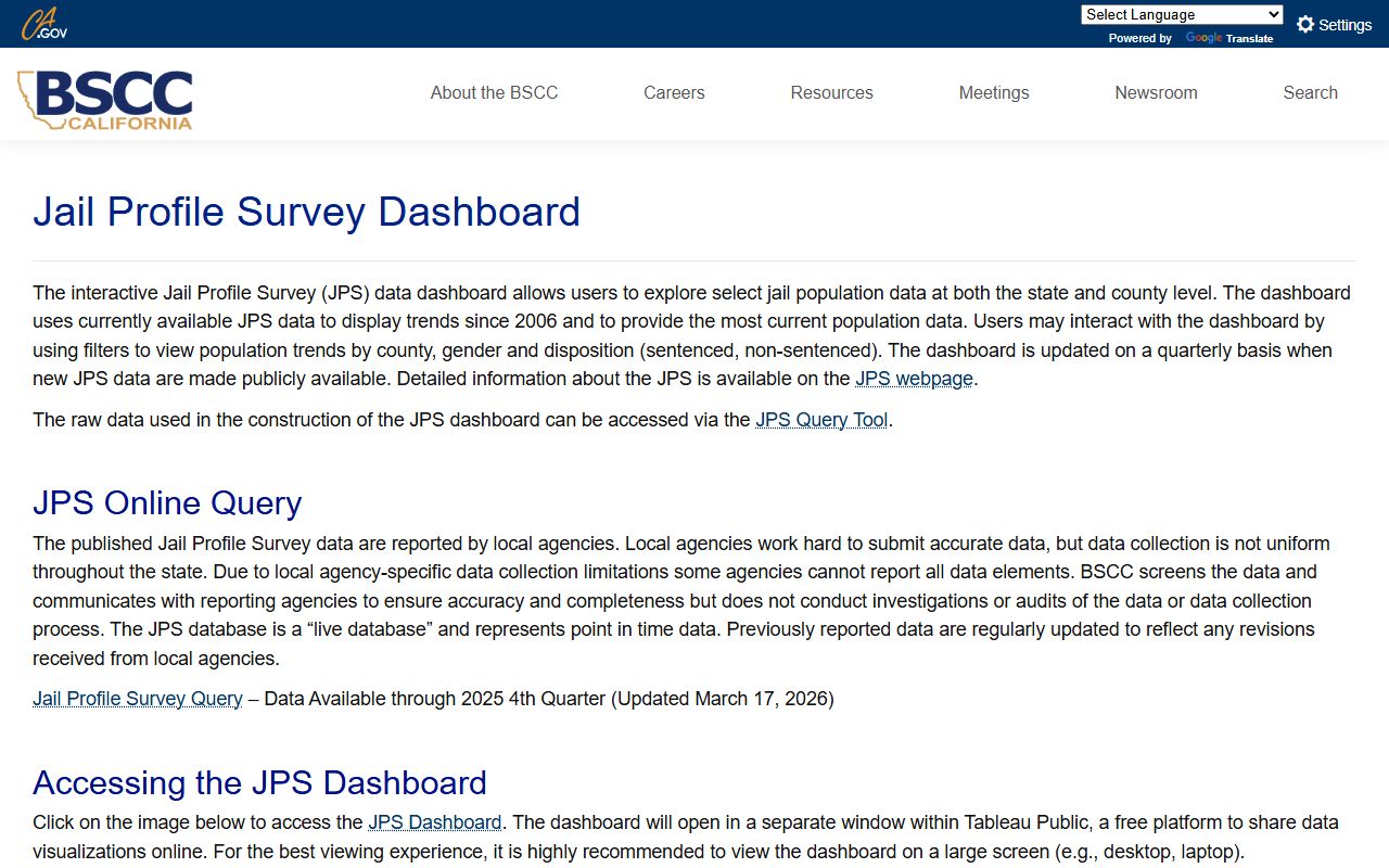 Inyo County inmate population BSCC jail profile survey dashboard