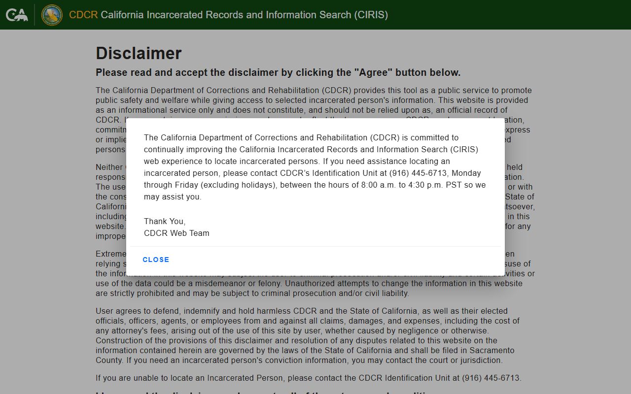 Inyo County state inmate search CDCR CIRIS lookup page