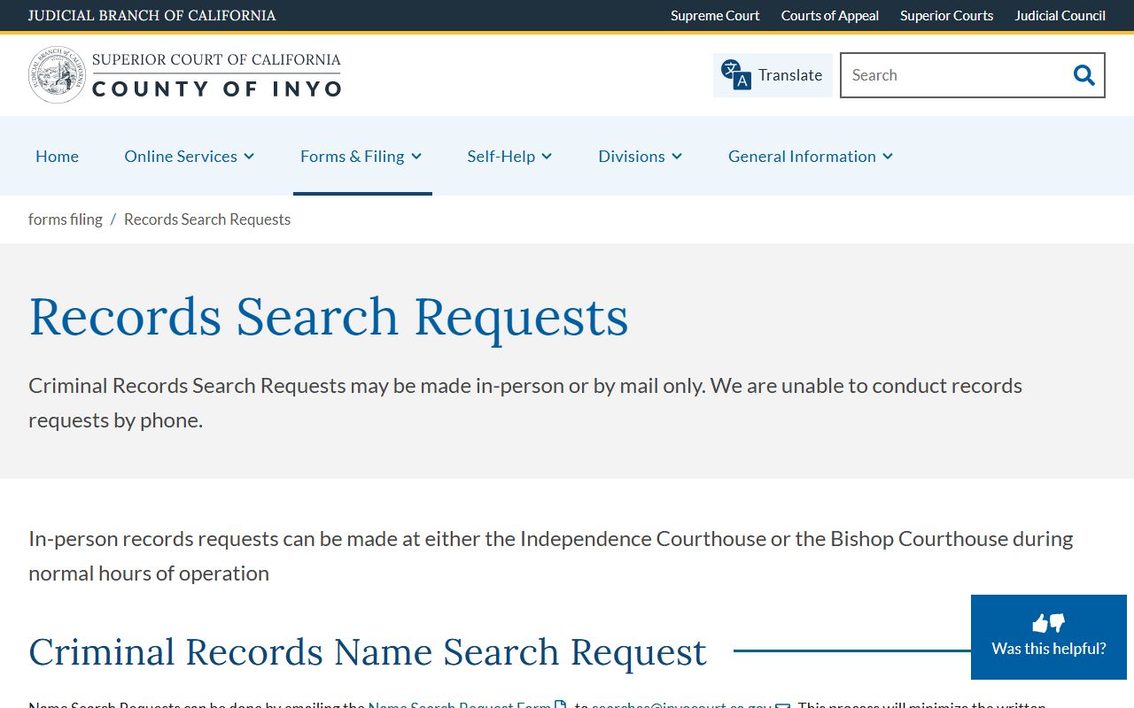 Inyo County court records after arrest search request page