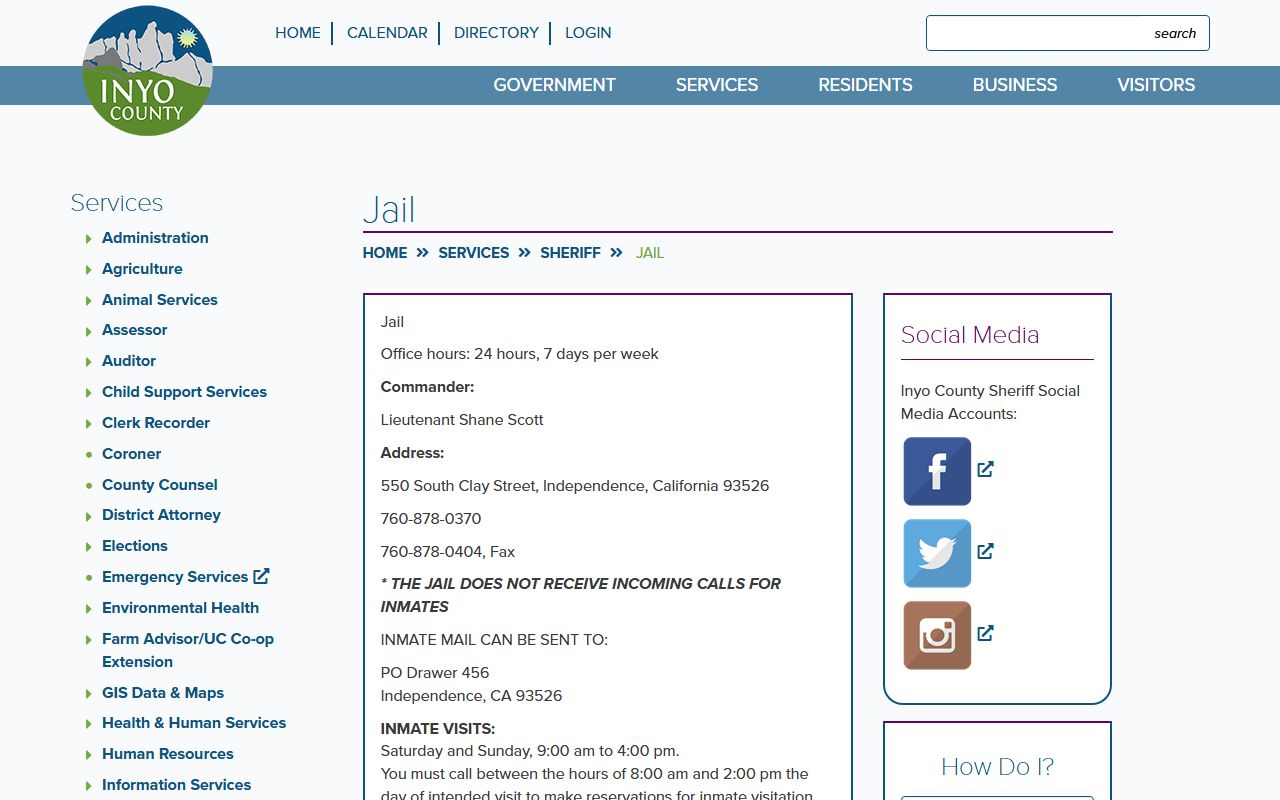 Inyo County Jail custody information page