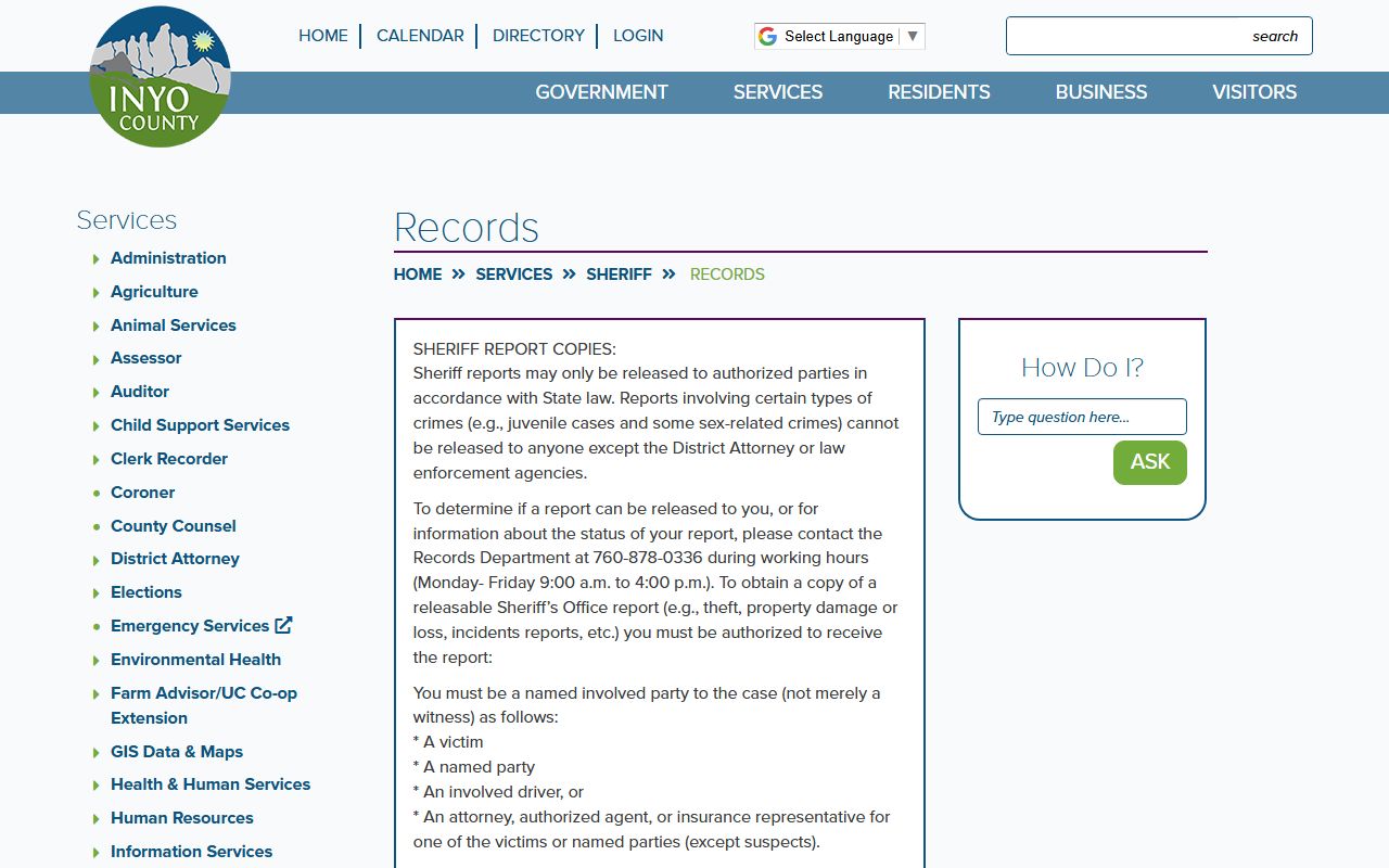 Inyo County inmate records sheriff records request page